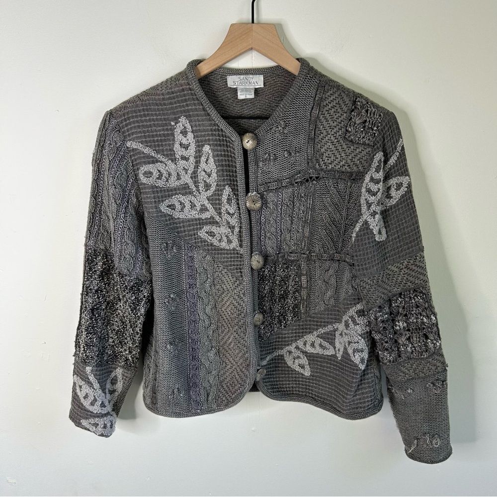 Sandy Starkman Vintage Sweater Women Small Gray Cardigan Patchwork Knit Cotton